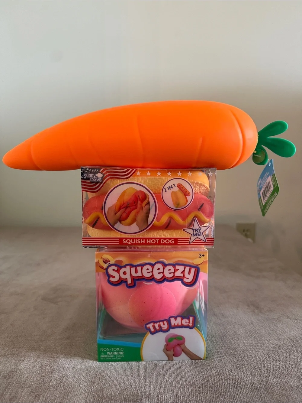 Sunny Days Squeezy Peach, Hot Dog & Carrot Fidget Toys | New